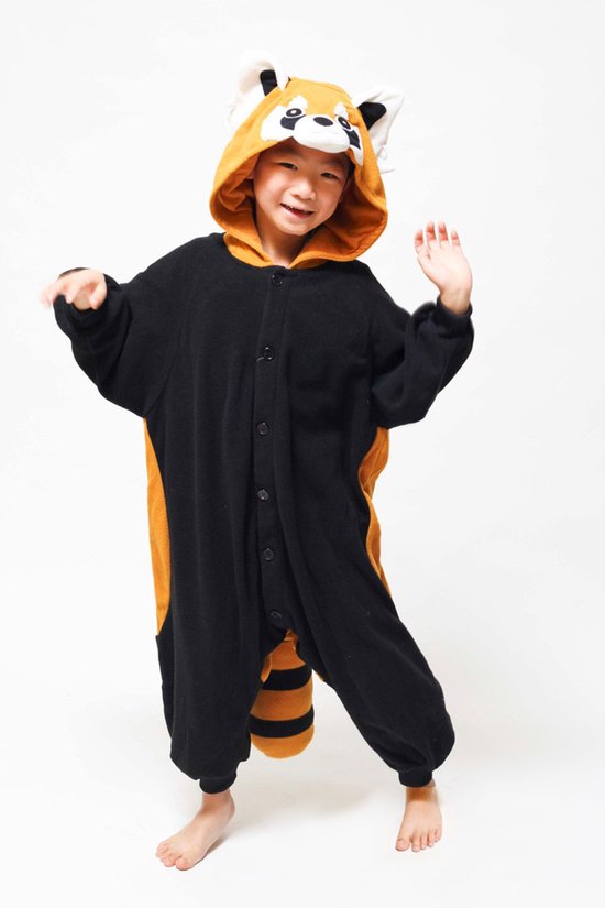 KIMU Onesie Rode Panda Wasbeer Pak - Maat 128-134 - Wasbeerpak Kostuum Bruin - Kinder Huispak Pyjama Jongen Meisje Overall Fleece Raccoon Carnaval Carnavalspak