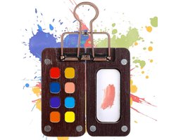 Allecto Premium - Draagbaar Mini Aquarelpalet met 8 Vakken en Clip - Ideaal voor Aquarel, Gouache en Acrylverf - Draagbare Schetsboek Palet met Kleurentablet - Mini-Houten Palletbox - Reisset - 1 Stuks
