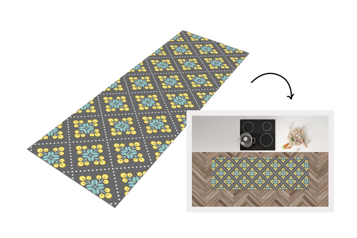 KitchenYeah Keukenloper 150x50 cm - Keukenmat vinyl Design - Ruit - Bloemen - Grijs - Keukenmatten loper - Keuken vloerkleed tapijt