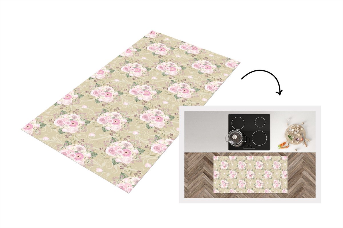 KitchenYeah Keukenloper 120x60 cm - Keukenmat vinyl Roos - Patronen - Bloemen - Keukenmatten loper - Keuken vloerkleed tapijt Rozen