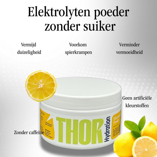 Pot Thor Hydration elektrolytenpoeder met citroenen, tekst 'Elektrolyten poeder zonder suiker'.