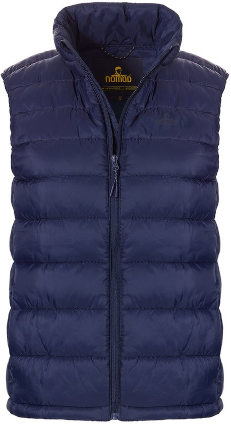 Donkerblauwe NOMAD bodywarmer met ritssluiting en staande kraag, van voren gezien.