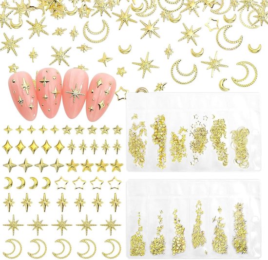Allecto Plus - Nail-art Oorstekers Set: Ster, Maan, Kruis in Glanzend Goud - 12 Roosters, Diverse Maten - Sneeuwvlokken Design