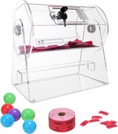 Transparante acryl loterijtrommel met sleutel, rollen met rode loten, losse loten en gekleurde ballen.