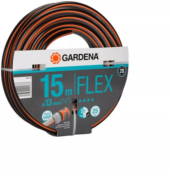 GARDENA Flex tuinslang, 15m, Ø 13mm, 25 bar, zwart met oranje accenten en Power Grip.