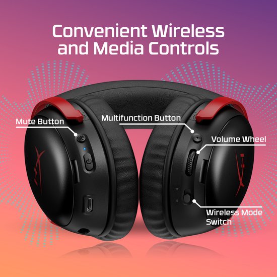 Zwarte gaming headset met rode accenten. Knoppen en volumewiel gelabeld.