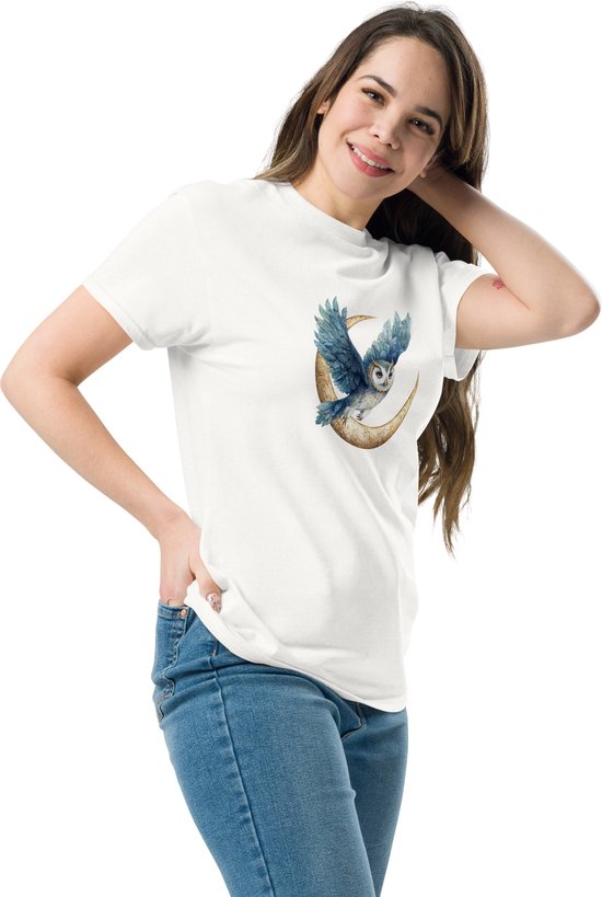 Sprookjesachtig en Mystiek T Shirt Dames Heren - Uil en Gouden Halve Maan - Wit - M