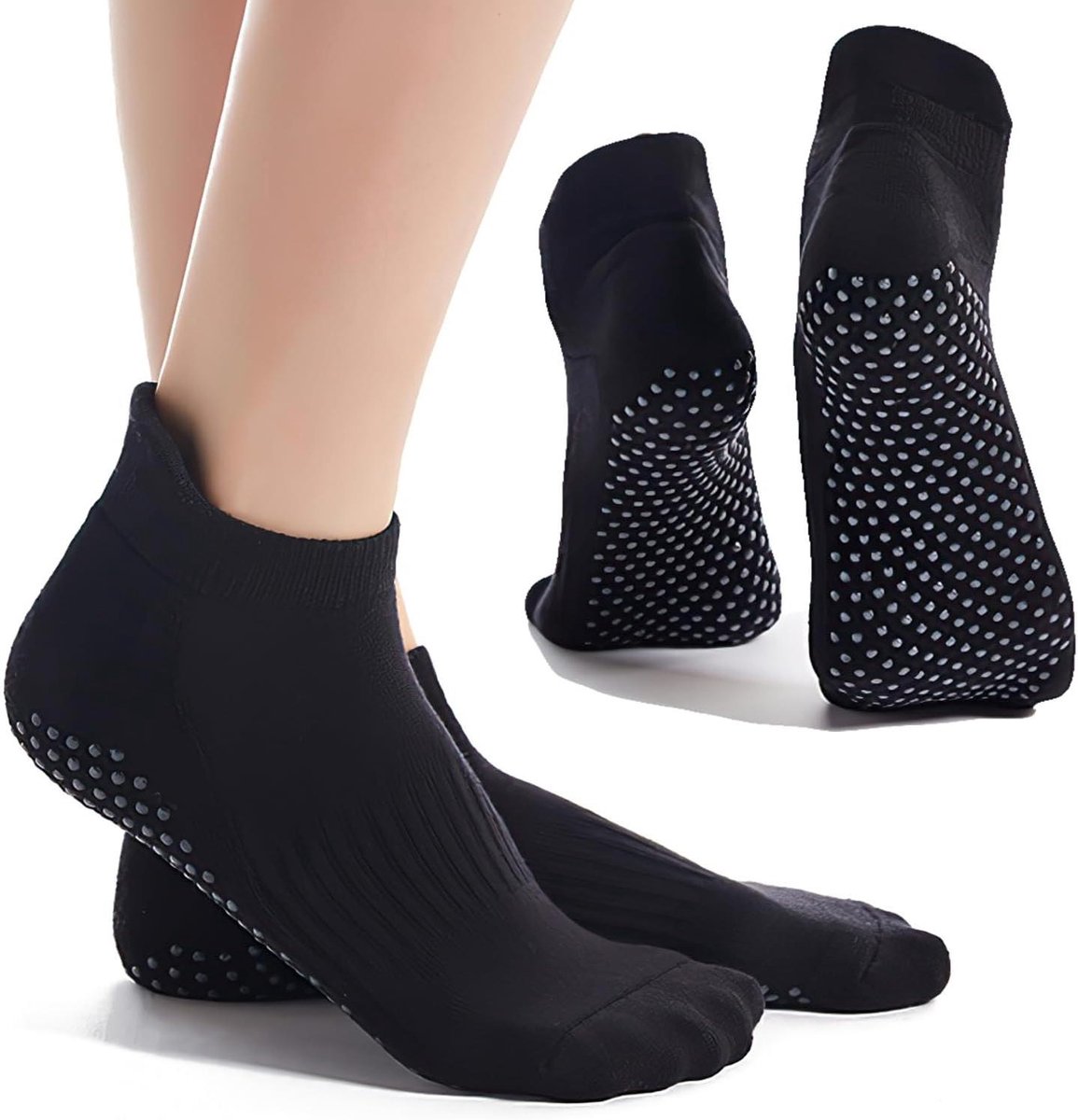 Allecto Plus - Pilates Sokken met Grip voor Vrouwen - Antislip Yoga Sokken - Zwart - Sportbenodigdheden voor Ballet Barre Workout - Set van 2 Paar