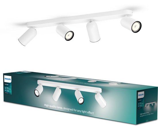 Quatre spots blancs sur une barre blanche, au-dessus d'un emballage Philips Pongee avec le texte 'Lampe de haute qualité, conçue pour tout effet lumineux'.