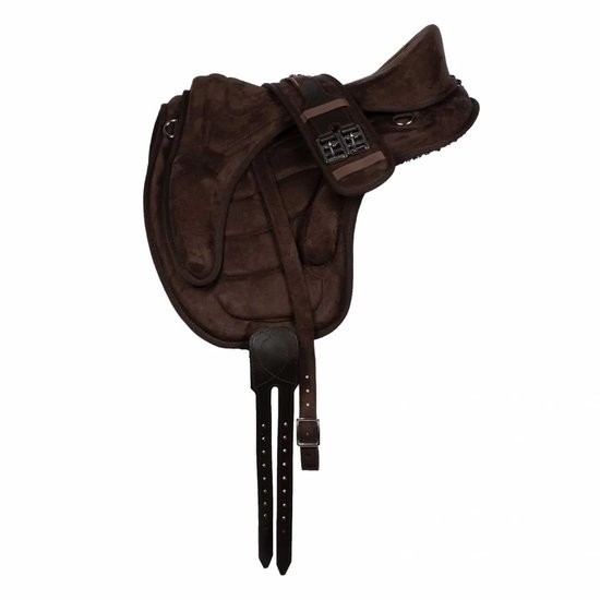 Bruin suède boomloos zadel met verstelbare singelstoten en zilverkleurige gespen. 16 inch.