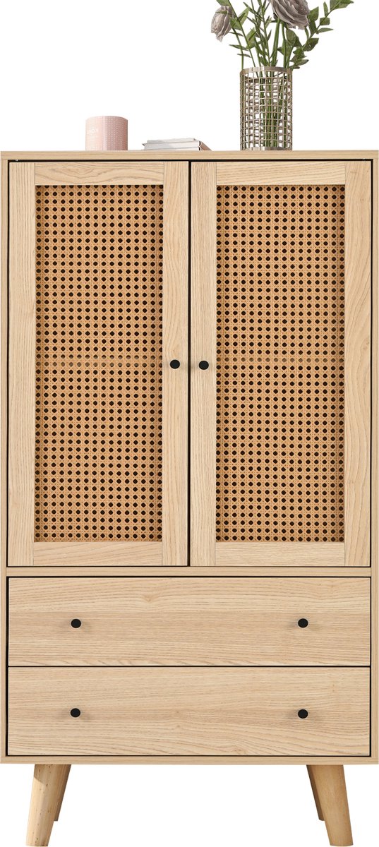 Merax Smal Dressoir 60x120 cm – Opbergkast met 2 Deuren en 2 Lades – Houten Kast met Rotan Look – Geschikt voor Woonkamer - Keuken of Hal – Eiken Kleur
