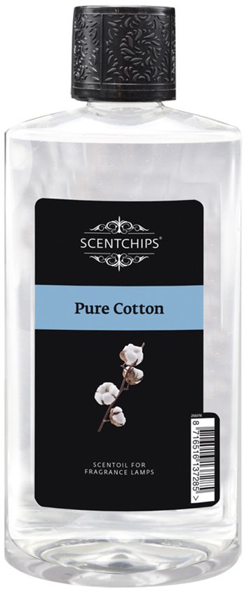 Fles geurolie 'Pure Cotton' met een zwart deksel en een etiket.