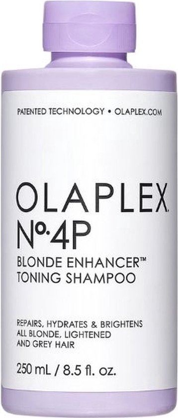 Fles Olaplex No.4P Blonde Enhancer Toning Shampoo, 250 ml, met paarse dop.