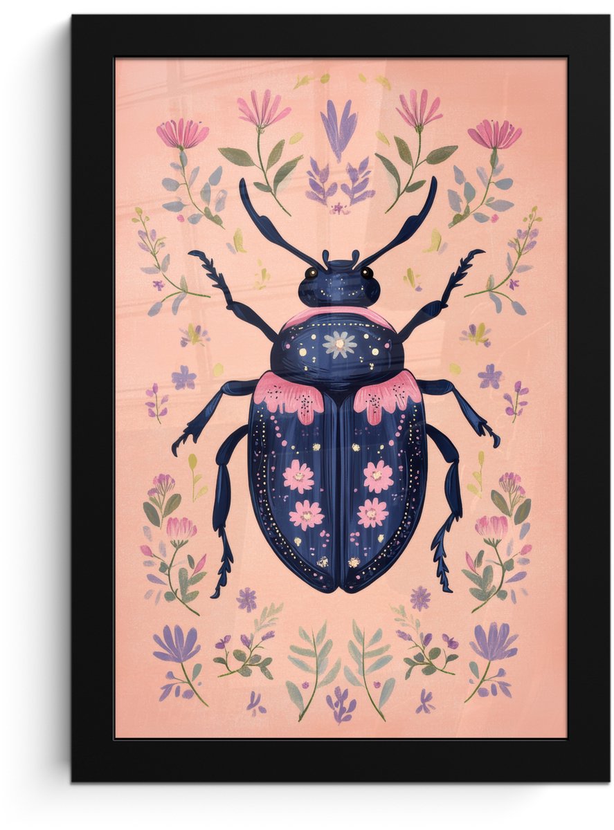 FrameYourWall Poster in lijst - Fotolijst 20x30 cm - Posters - Kever - Donkerblauw - Bloemen - Sierlijk - Posterlijst zwart - Decoratie - Wanddecoratie woonkamer - Muurdecoratie slaapkamer Bloemen - Kever