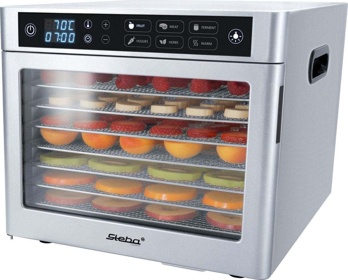 Steba ED80 Steel Deluxe - Voedseldroger/ droogoven - 8 RVS platen- temperatuurregeling van 30– 85 °C - timer - incl kruidenmat - 500 watt - PFAS vrij