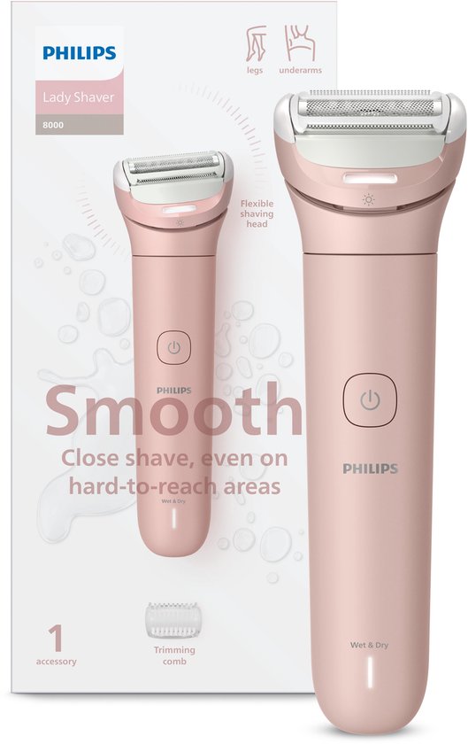Philips Series 8000 Ladyshave | Een gladde scheerbeurt, zelfs op moeilijk bereikbare plekken | Met ingebouwd LED-lampje, 2 snelheidsstanden en 1 accessoire | Pink | BRL129/00