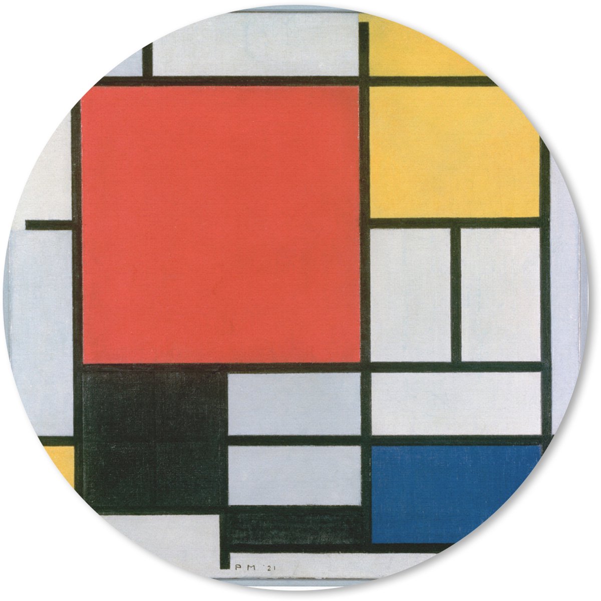 Muismat rond 50x50 cm - Mousepad Compositie 2 in Rood Blauw en Geel - Piet Mondriaan - Ronde muismatten