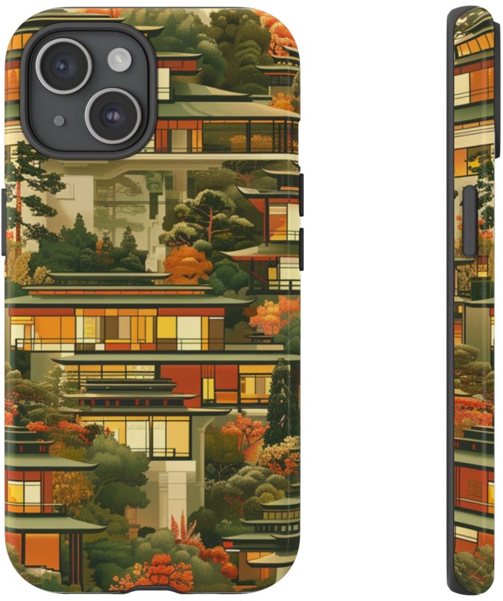 Herfstlandschap met Moderne Architectuur – Telefoonhoesje Geschikt voor iPhone 15