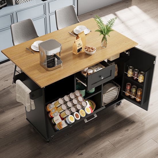 Îlot de cuisine moderne, meuble de cuisine pour poubelle, buffet, table à manger multifonctionnelle avec espace de rangement, chariot de service avec supports à collation et armoires extensibles, noir
