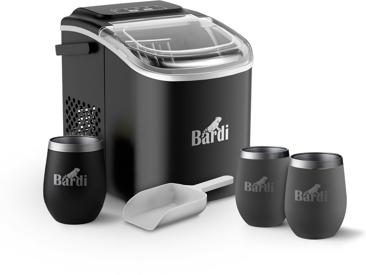 Bardi Deluxe IJsblokjesmachine Set 1,2 Liter Zwart - 12KG IJsblokjes in 24 uur - met IJsschep - Inclusief 3 Luxe Thermosbekers en Ijsschep - Grijs