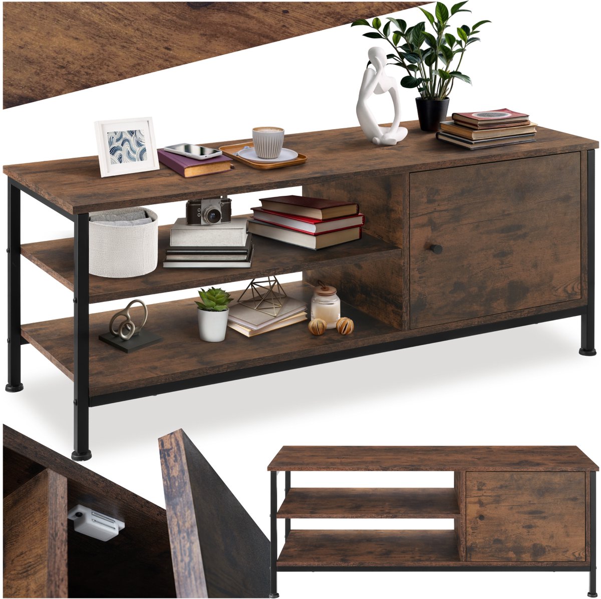 Tectake TV-meubel met 2 open vakken en kastje met deur - Lowboard voor TV's tot 55 inch - Houten TV-dressoir - Industrieel design - Zwart metalen frame - Afmeting (LxBxH) 110 x 40 x 45,5 cm - Donkerbruin