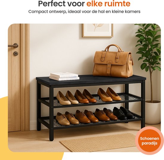 Zwarte schoenenkast met 3 etages, gevuld met schoenen, een tas en decoratie, in een hal. Text: Perfect voor elke ruimte. Compact ontwerp, ideaal voor de hal en kleine kamers. Schoenen paradijs.