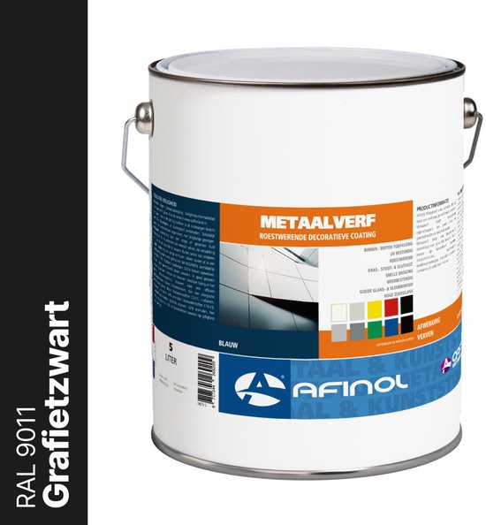 Blikken metaalverf in grafietzwart (RAL 9011) van 5 liter.
