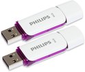 Twee witte USB 2.0 sticks met paarse accenten en de tekst "Philips 64GB".