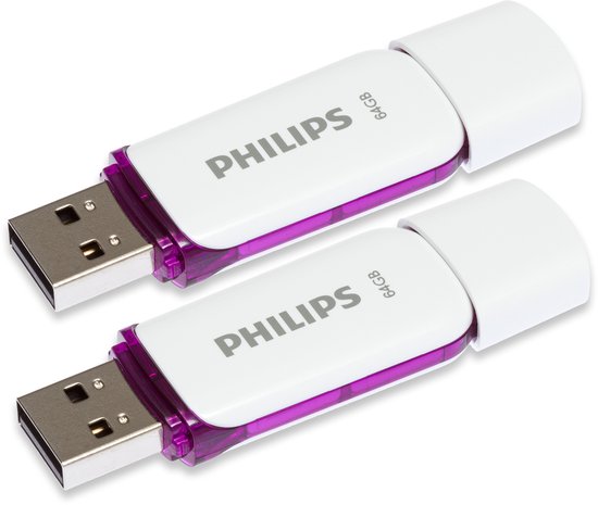 Twee witte USB 2.0 sticks met paarse accenten en de tekst "Philips 64GB".