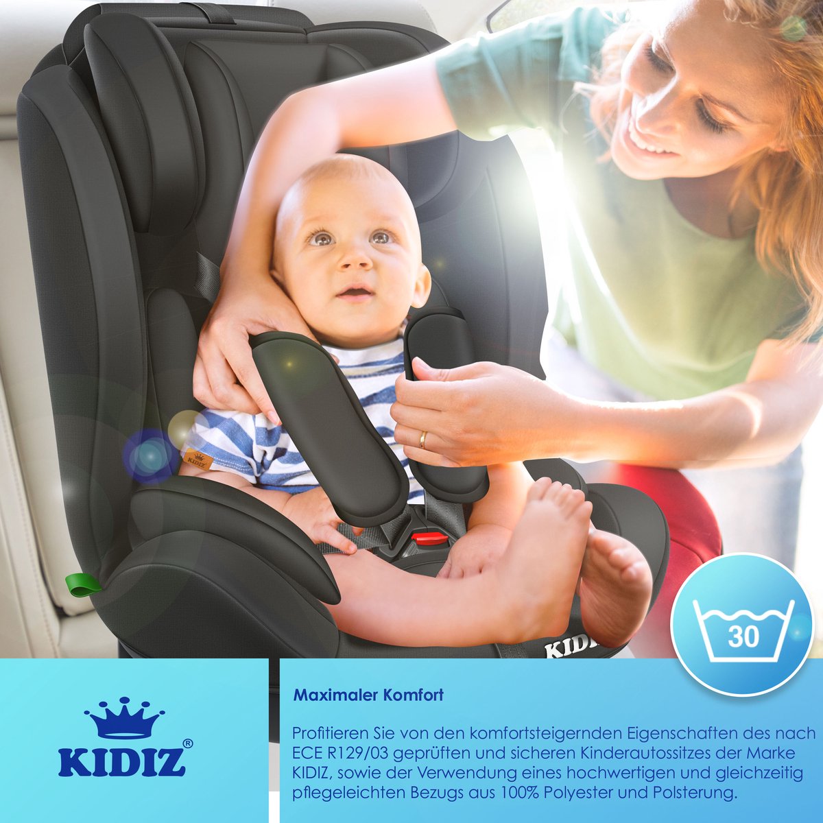 KIDIZ® Autostoeltje | Groep 1+2+3 | 9-36 kg 5-punts veiligheidsgordel, Autostoeltje, Kinderzitje, Verstelbare Hoofdsteun | Stoelverhoger 1-12 jaar, Stabiel en Veilig - Zwart – foto 3