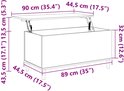 Schematische tekening van een witte salontafel met afmetingen en openklapbaar mechanisme.