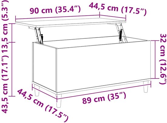 Schematische tekening van een witte salontafel met afmetingen en openklapbaar mechanisme.