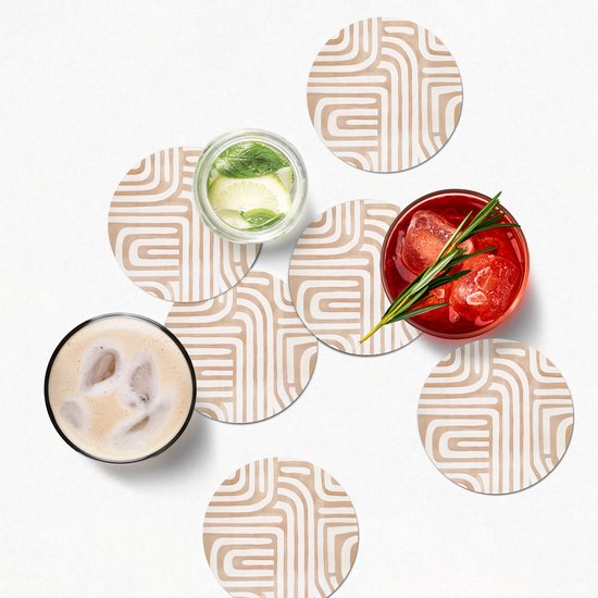 Sous-verres de verre ronds - Tons naturels - Motif labyrinthe - 10 x 10 cm - Lot de 6