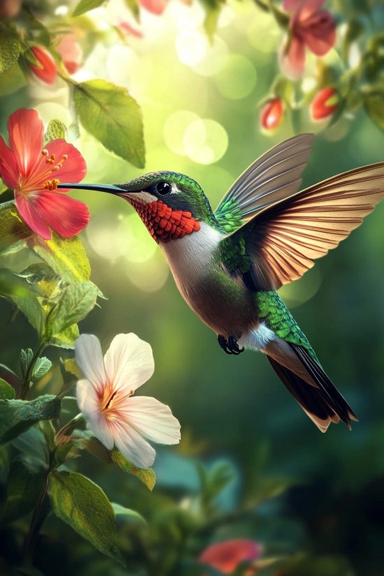 Kolibrie Poster - Dieren Posters - Bloemen - Vogel - Wanddecoratie Woonkamer - 180 gram papier - 6599KMD - Formaat 60 x 90cm
