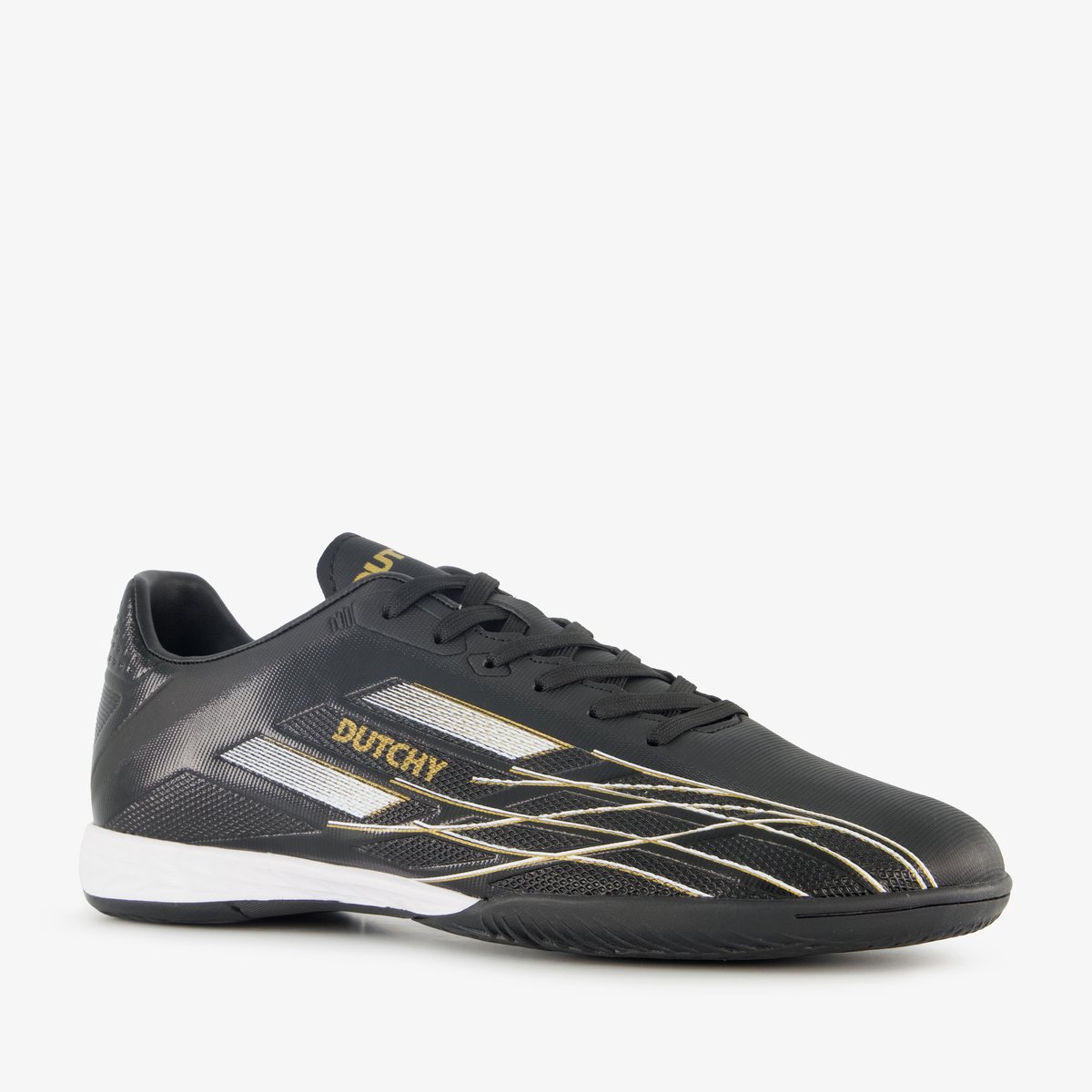 Zwarte heren zaalschoenen van Dutchy met gouden details, imitatieleer en rubberen non-marking zool, maat 40.