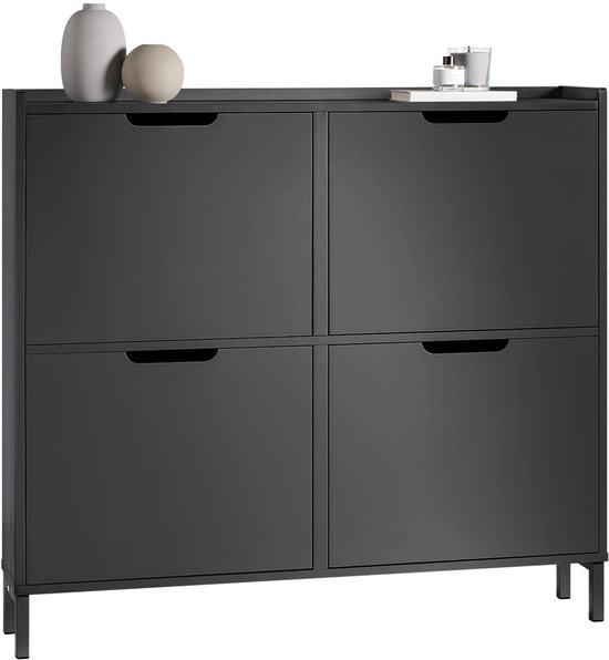 SoBuy Smalle Schoenenkast 4 Kleppen – Zwart 100x19x91 cm FSR100-SCH – Ruimtebesparend Schoenenrek Hal/Gang