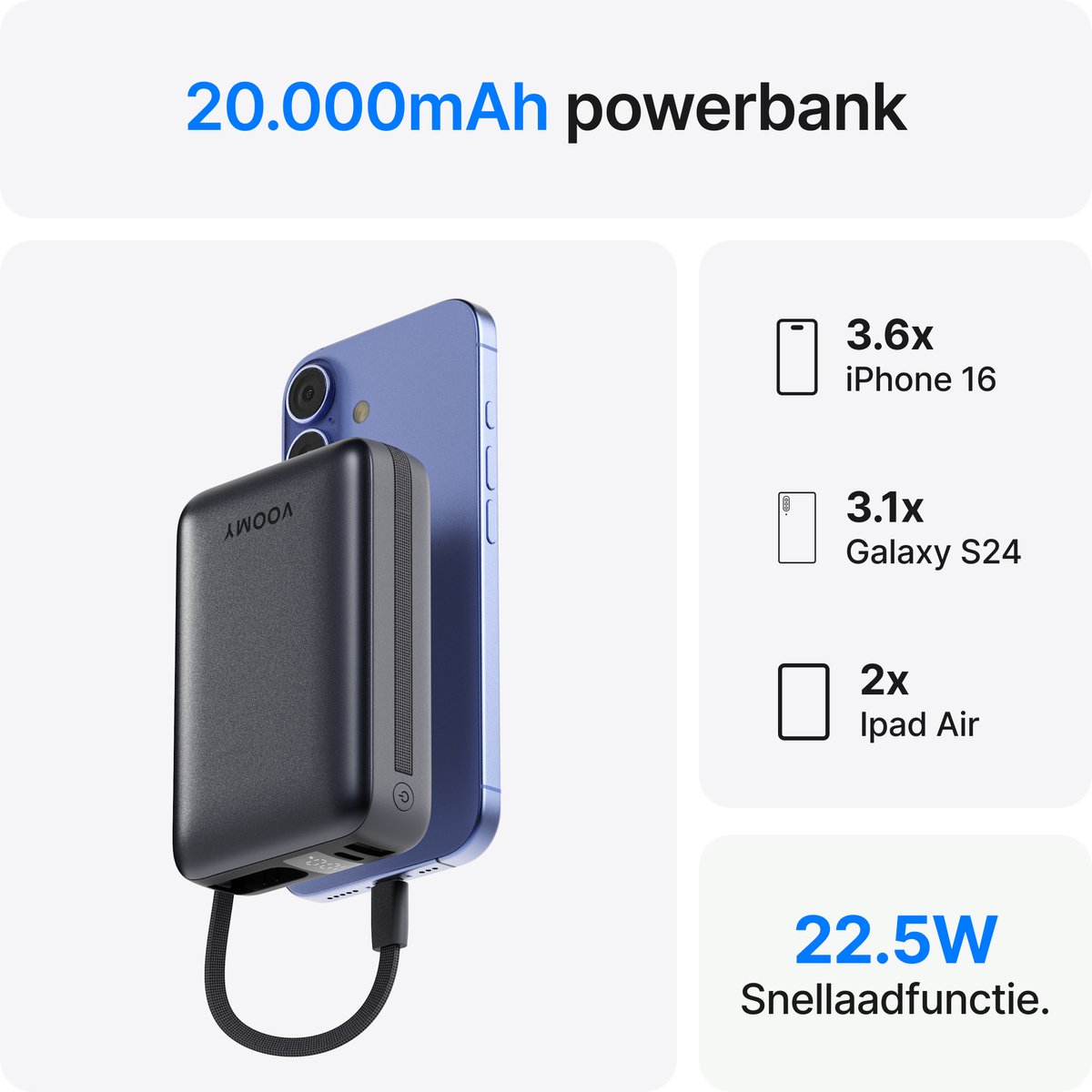 Afbeelding 2 van Voomy Powerbank 20000 mAh - Ingebouwde USB-C en Lightning Kabel - Powerbanks 22.5W Snellader - USB-C & USB-A Uitgang - Powerbank iPhone geschikt - Noodpakket - Led Indicatie