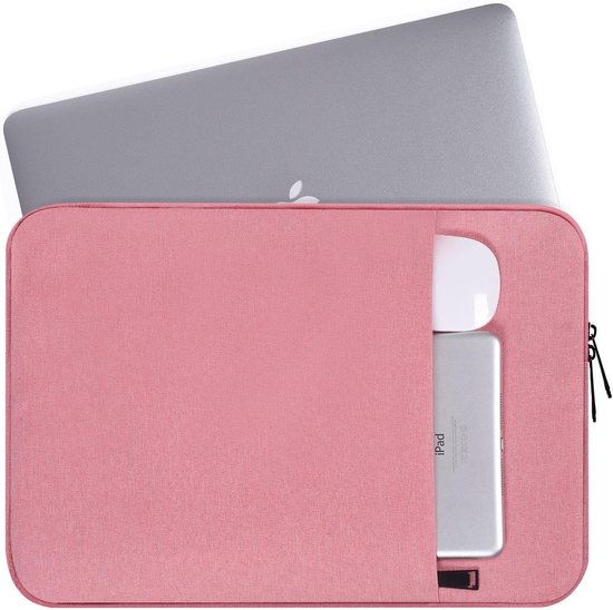 Housse d'ordinateur portable rose contenant un ordinateur portable, une souris et un téléphone.