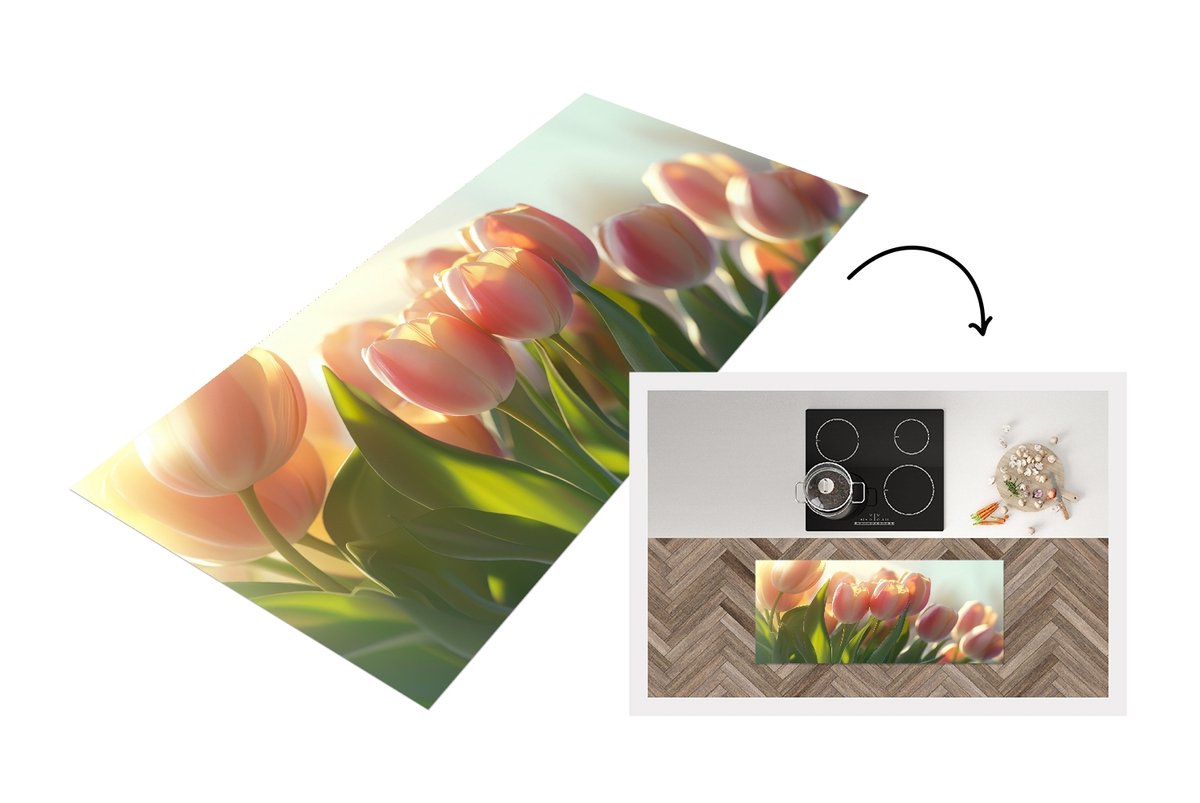 KitchenYeah Keukenloper 120x50 cm - Keukenmat vinyl Tulpen - Roze - Zonnestralen - Keukenmatten loper - Keuken vloerkleed tapijt