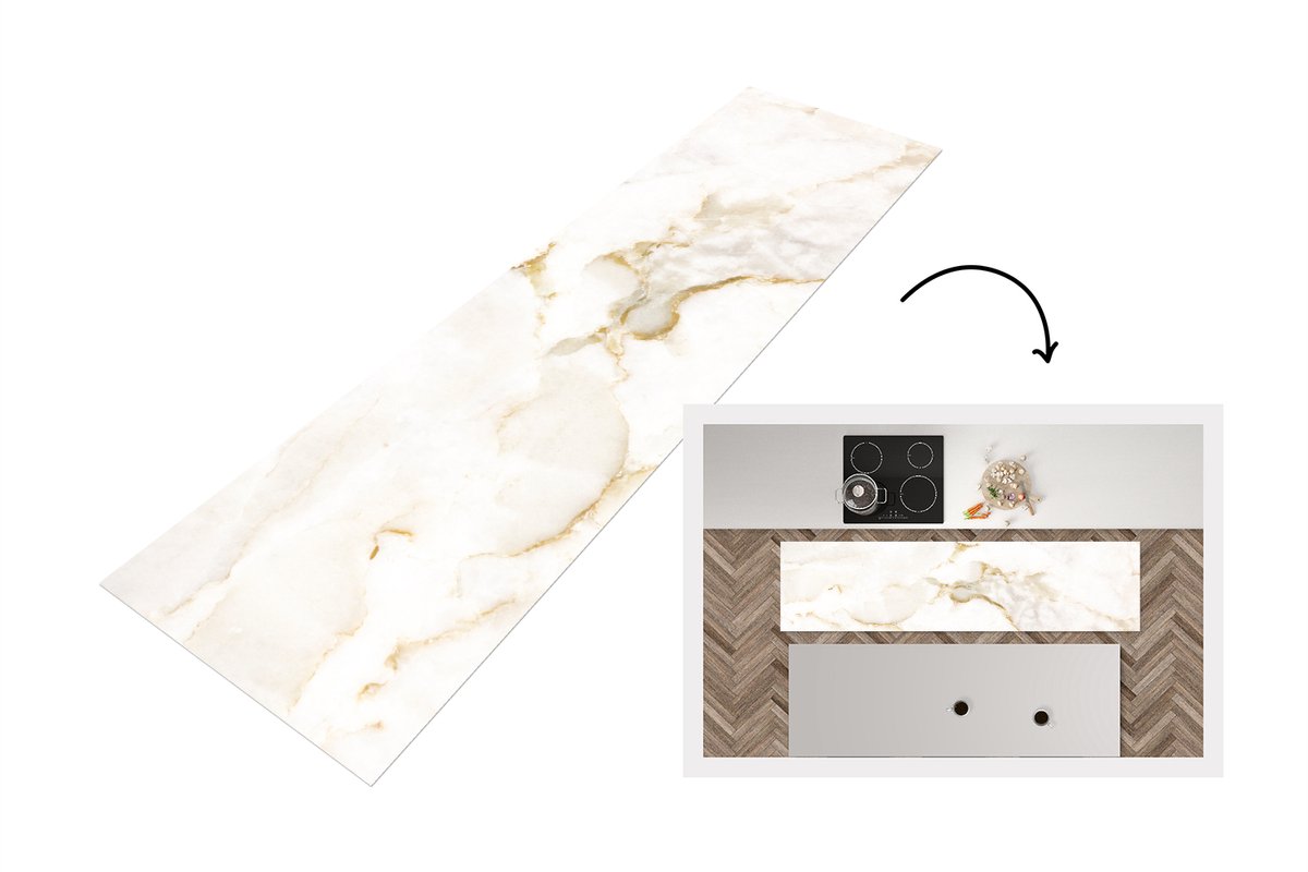 KitchenYeah Keukenloper 240x60 cm - Keukenmat vinyl Marmer - Kalk - Goud - Luxe - Marmerlook - Wit - Keukenmatten loper - Keuken vloerkleed tapijt