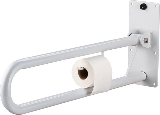 Witte opklapbare toiletbeugel met toiletrolhouder, 76 cm.