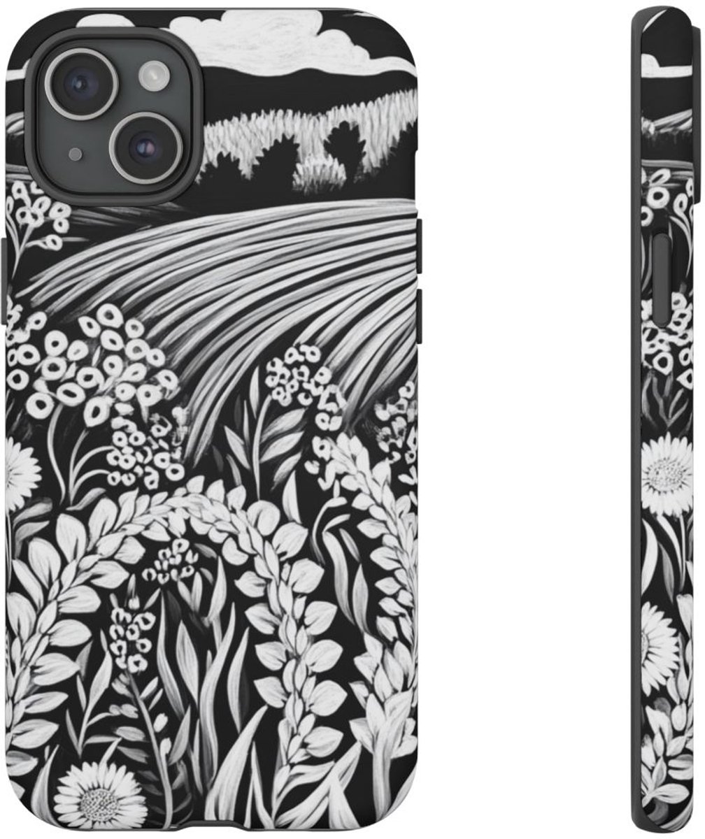 Zwart-Wit Folklore Bloemenveld – Telefoonhoesje Geschikt voor iPhone 15 Plus