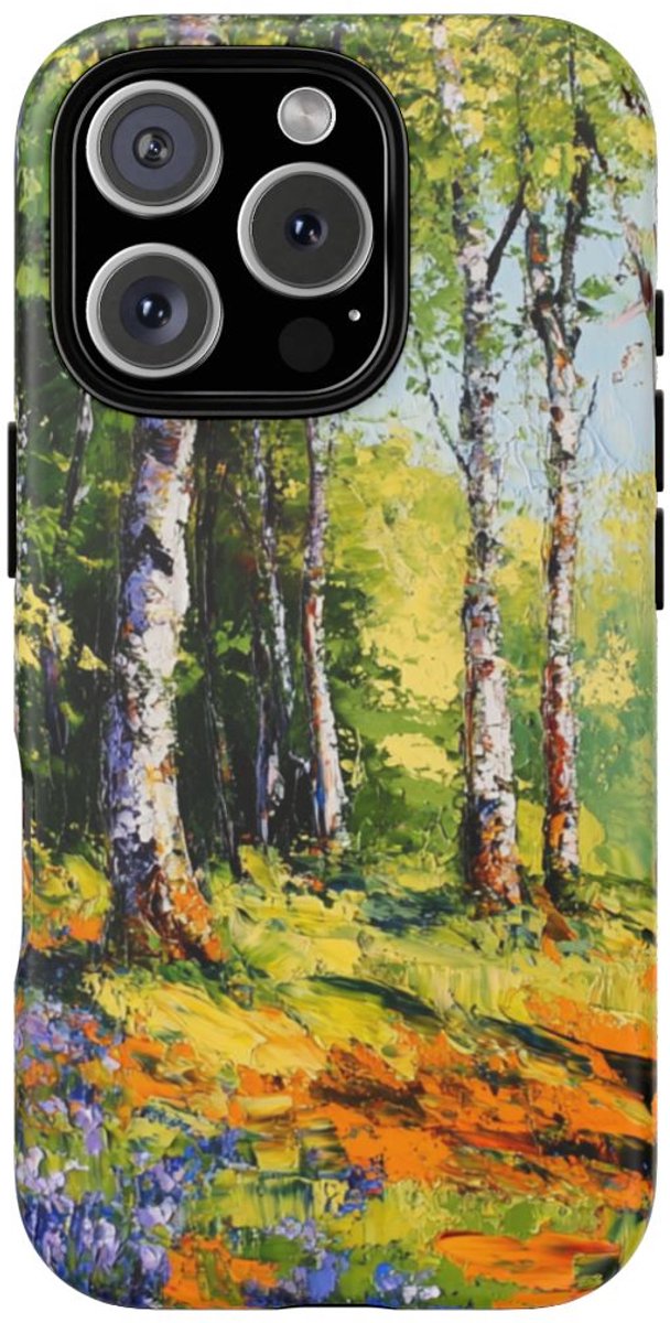 Levendig Bos met Blauwe Boshyacinten – Telefoonhoesje Geschikt voor iPhone 16 Pro