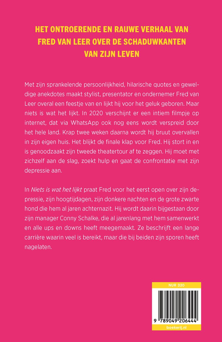 Boek "Niets is wat het lijkt" met tekst over Fred van Leer en depressie. Gele barcode en ISBN.