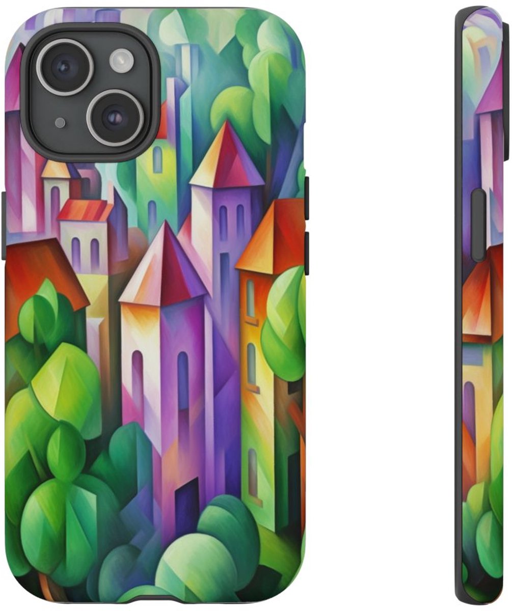 Kleurrijk Abstract Dorp Landschap – Telefoonhoesje Geschikt voor iPhone 15