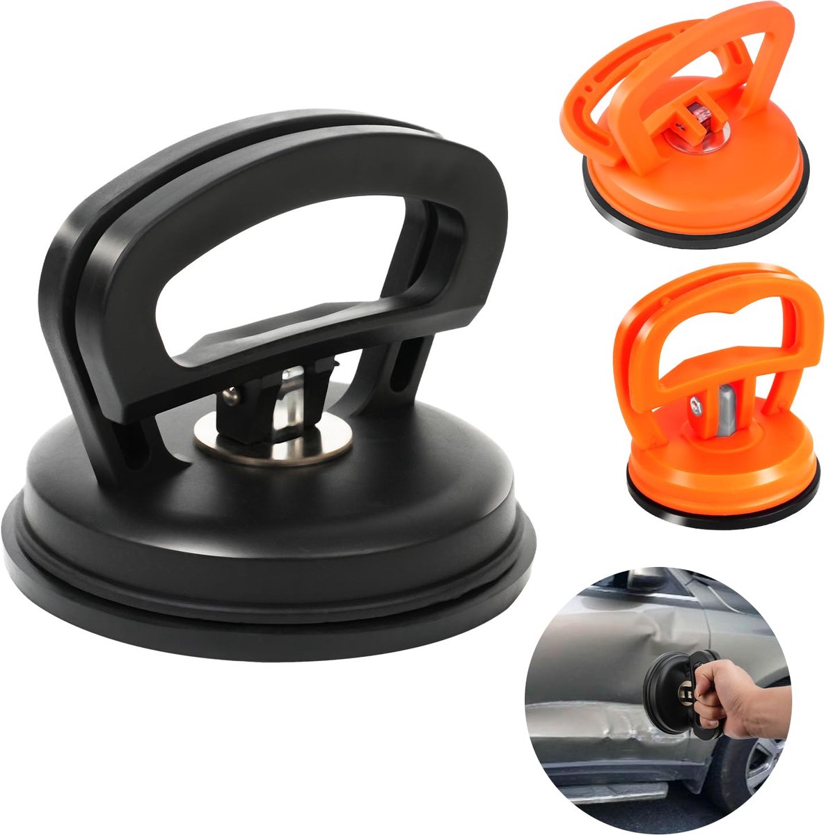 3 Stuks Auto Deukentrekker Zuignap Set - Met Aluminium Handgreep - Voor Auto Deuken, Telefoons, Glasplaten en Laptops - 1 Zwart + 2 Oranje
