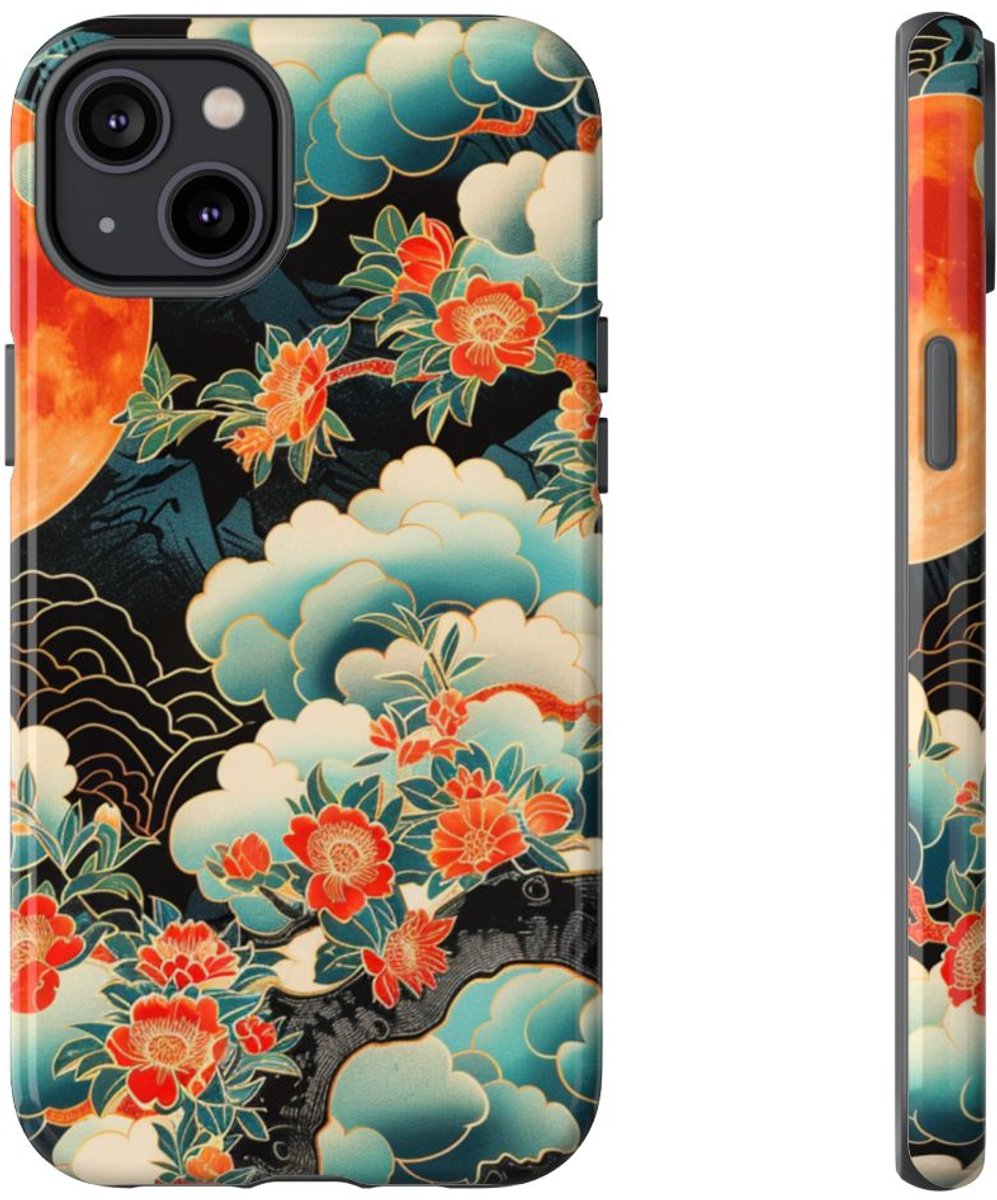 Sfeervolle Bloemrijke Maannacht met Wolken – Telefoonhoesje Geschikt voor iPhone 14 Plus