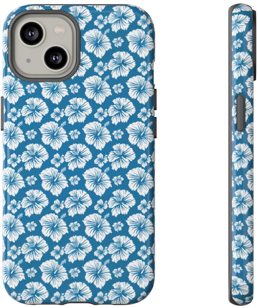 Wit Hawaïaans Bloemenpatroon op Blauw – Telefoonhoesje Geschikt voor iPhone 14
