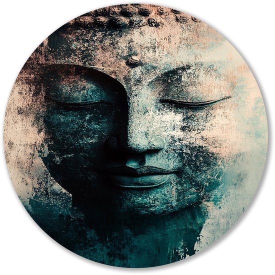Rond schilderij van een Boeddha hoofd met gesloten ogen in turquoise, blauw en bruin met een verweerd effect.