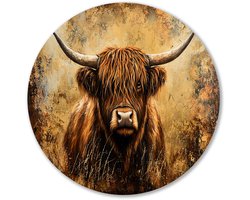 Schotse Hooglander in warme tinten - Hooglander muurcirkel - Wandbord koe - Realistische kunst - Wandobject Forex rond - Antieke muurkunst - Muurcirkel forex 60x60 cm